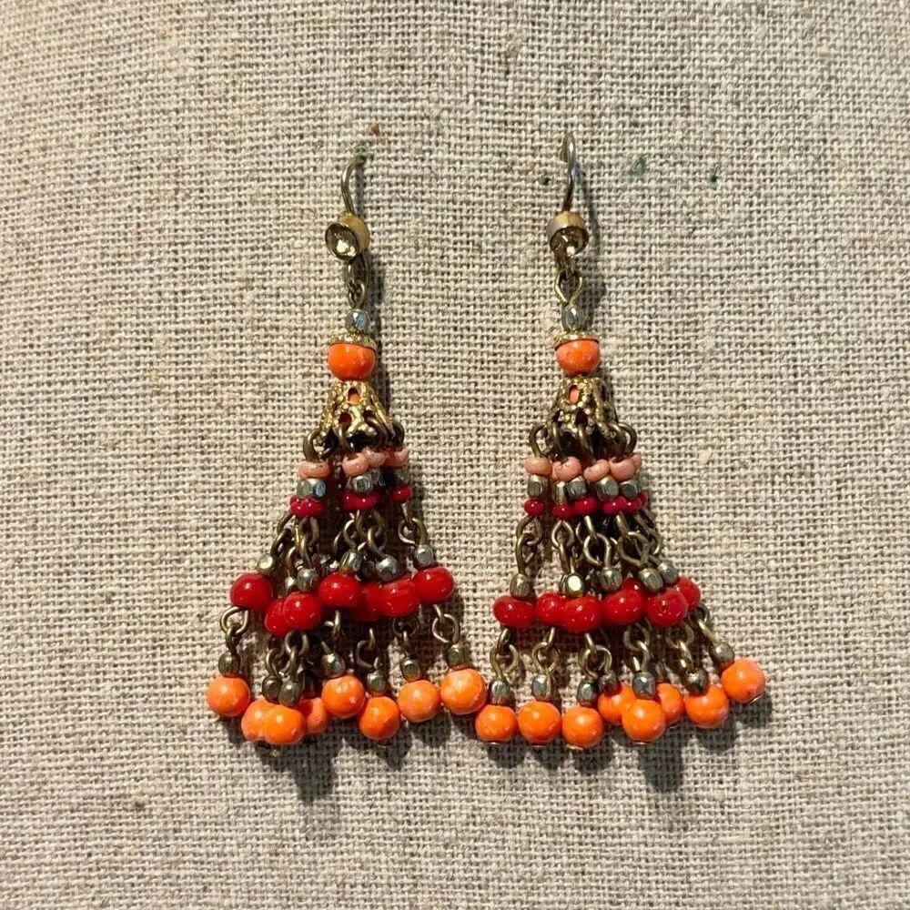 Anthropologie Vintage Multi Beads Drop Dangle Tassel Boho Earrings Red and Oran